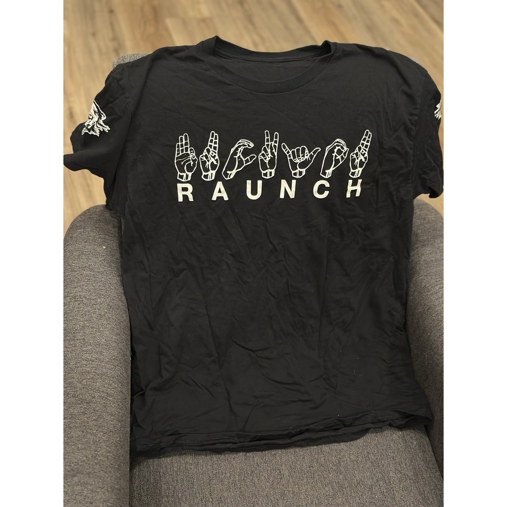 RAUNCH Punk Graphic T-Shirt Black Size L Double Sided Sleeve Print